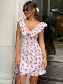 SHEIN Frenchy Đầm ngắn nữ thời trang gợi cảm in họa tiết cổ chữ V viền bèo nhún - Màu be - Xem 6