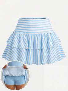 SHEIN Girlism 少女休闲、运动、上学、返校季，黑色荷叶边下摆短裤搭配伞裙，春夏装 - 彩色 - 查看 6