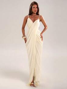 SHEIN BAE Women's Elegant Cream White Summer Maxi Dress,V-Neck Backless Metal Decor Solid Holiday Vacation,Beach Resort Cocktail Party Wedding Brunch - White - View 1