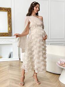 SHEIN Summer Elegant Maternity Dress, Pregnant Women Tassel Decor Asymmetric Collar Off-Shoulder Fringe For Baby Shower Photoshoot Party Babyshower - Apricot - View 10