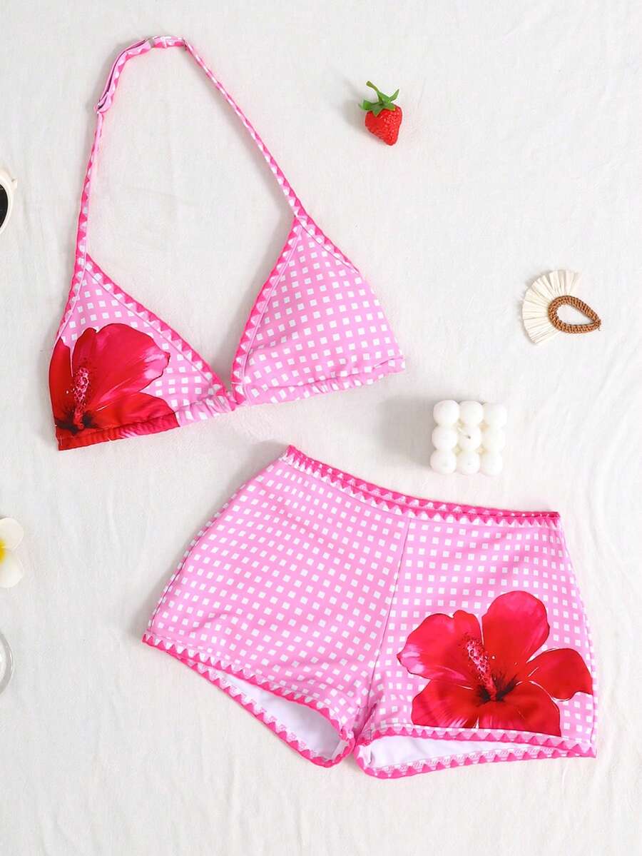 SHEIN Teenager Mädchen Bikini-Set mit Blume Muster und Kontrastbesatz am Neckholder, modisch, lässig, süß für den Urlaub - Pink - Übersicht 1
