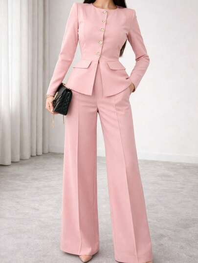 Conjunto sastre blazer peplum pantalón palazzo tiro alto elegante formal oficina fiesta