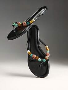 Solezae Women's Alba Stones Embellished T Thong Straps Flip Flop Flat Sandals - Black - View 10