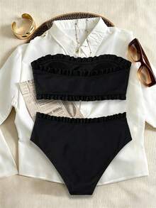 Swim Basics Conjunto de bikini de dos piezas con parte superior tipo bandeau con volantes y nudo delantero, traje de baño de unicolor negro para mujer - Negro - Ver 8