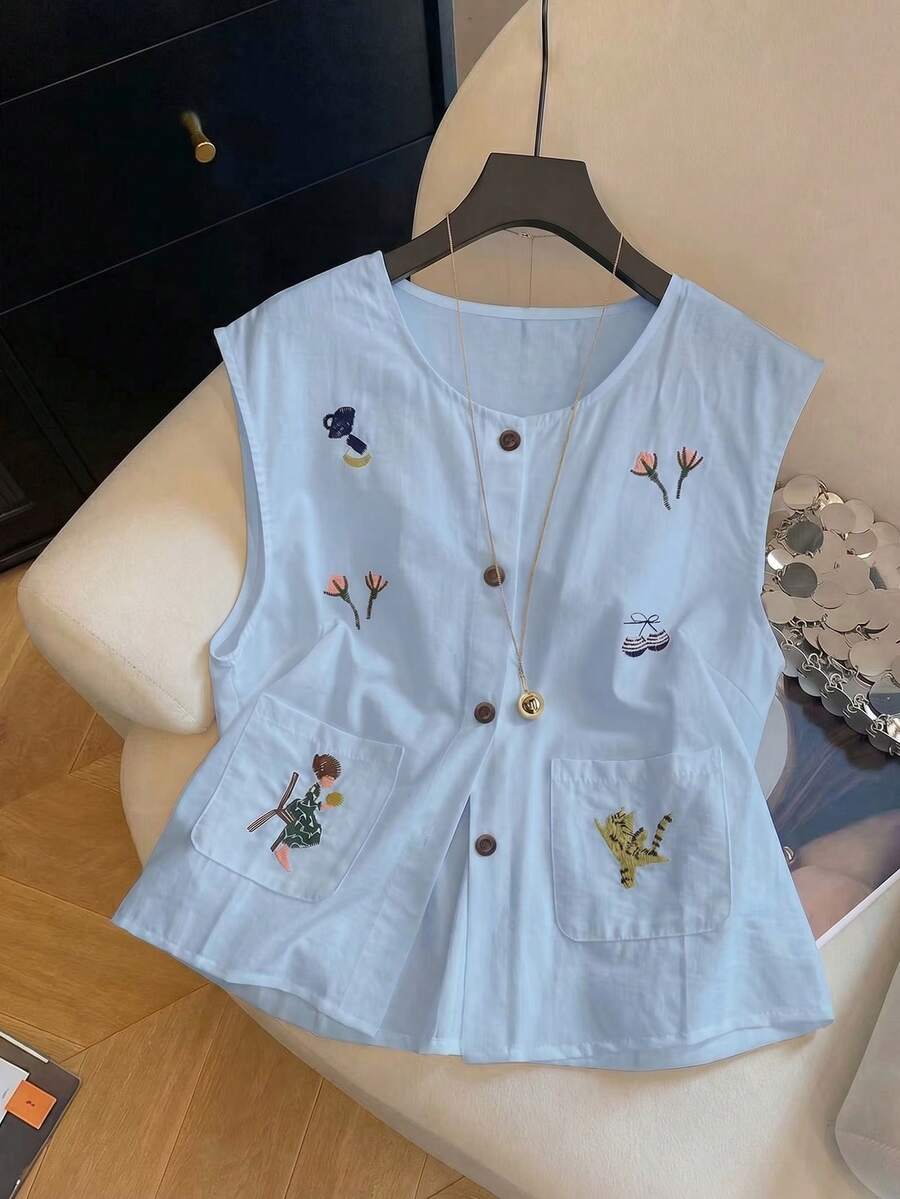 INAWLY 女士夏季花卉刺绣前扣无袖开衫背心 - 淺藍色 - 查看 1
