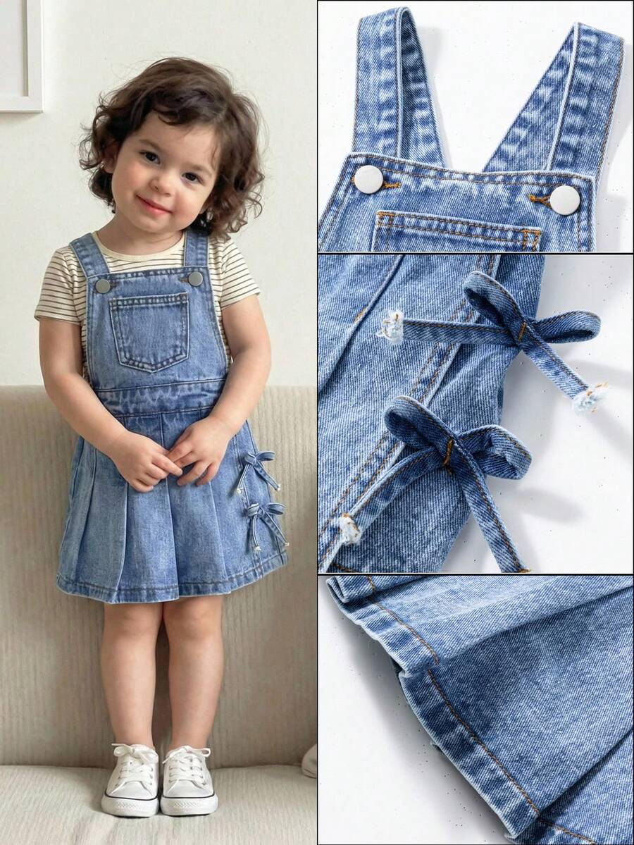 SHEIN Young Girls Denim Bib Pants And Jumpsuit New Casual Fashion Pleated Skort Design Sweet School Style Light Blue Denim Jumpsuit Shorts - Blue - View 1