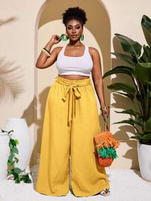 Slaydiva Quần ống đứng kẻ sọc màu xanh lá cây dành cho nữ cỡ lớn, thích hợp cho phong cách thường ngày, đi nghỉ mát, tối giản và nhiều màu sắc. - Màu vàng - Xem 4