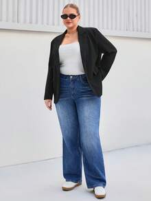 SHEIN Cottnline بنطلون جينز أزرق داكن بخصر عالي وقصة مستقيمة نحيفة مقاس كبير مع طية سفلية مناسب لليالي المواعدة والصيف والكاجوال والرسمي والخروج - أزرق داكن - مشاهدة 4