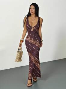SHEIN PETITE Đầm dài không tay cổ chữ V khoét eo dành cho nữ, thích hợp cho kỳ nghỉ hè, hẹn hò, phong cách quý tộc, trang phục giáo viên, trang phục hẹn hò. - màu nâu - Xem 7