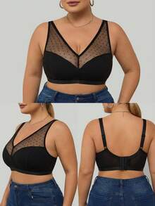 SHEIN CURVE+ Plus-Size Solid-Color Mesh-Lined Underwireless Curved Bra For Summer/Country/Beach Vacation Wear/Beach Wear/Beach Attire - Black - View 3