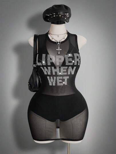 SHEIN ICON 大码女式水钻装饰黑色网纱连衣裙