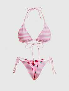 Sweetness Conjunto de bikini con tanga con lazo y fruncido para mujer, diseño con estampado de rayas de frutas reversible y espalda descubierta, estilo minimalista y elegante, adecuado para Navidad, fiesta en la playa, vacaciones de verano 2026 Conjunto de bikini rosa - Rosa - Ver 2