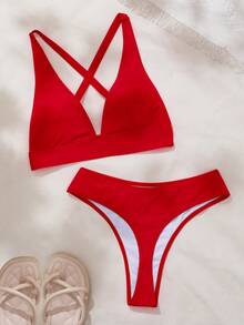 SHEIN Swim 女士纯色交叉露背性感比基尼泳衣套装，夏季沙滩装 - 紅色 - 查看 2
