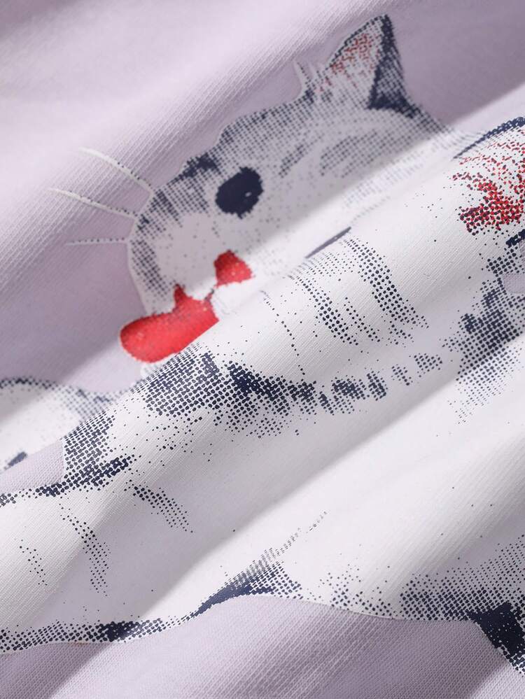 2pcs/Set Women Cute Cat Print Short Sleeve T-Shirt And Straight Leg Pajama Pants, Summer Sleepwear Set