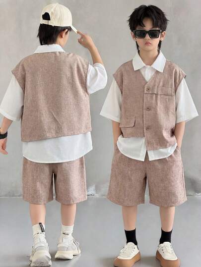 SHEIN 3pcs/Set Kids Tween Boy Casual Korean Style Oversized Khaki Vest, White Polo Shirt, Khaki Shorts Set, Y2K, Suitable For Commuting, School, Family Gathering, Outing, Travel, Sports, Spring/Summer