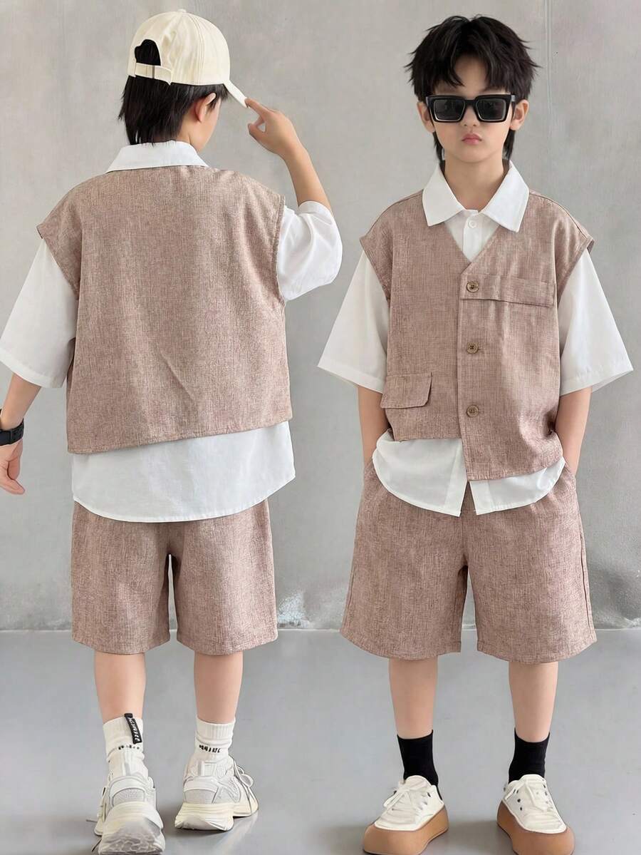 SHEIN 3件套儿童/青少年男童休闲韩版宽松卡其色背心、白色Polo衫、卡其色短裤套装，Y2K风格，适合通勤、上学、家庭聚会、郊游、旅行、运动、春夏穿着。