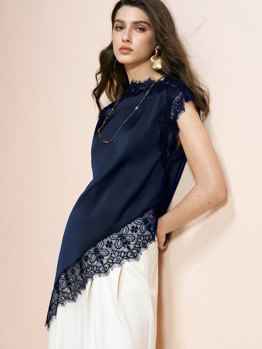 Arave 女士藏蓝色衬衫，珠地布面料，优雅纯色蕾丝拼接不对称下摆上衣，适合约会、夏季穿着，女士夏季上衣 - 藏蓝色 - 查看 1