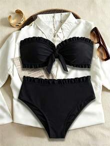 Swim Basics Conjunto de bikini de dos piezas con parte superior tipo bandeau con volantes y nudo delantero, traje de baño de unicolor negro para mujer - Negro - Ver 7