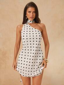 SHEIN BAE Đầm mini hở lưng cổ yếm chấm bi đen trắng mùa xuân hè, đầm in hoa thanh lịch, đầm hở lưng gợi cảm, đầm chấm bi voan, đầm maxi satin hở lưng thanh lịch, trang phục dự tiệc cưới, đầm dài satin cho phù dâu, tiệc cocktail, đầm thanh lịch - Đen và trắng - Xem 5