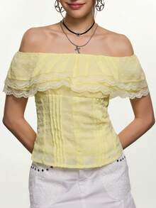 Rina Fox Women's Summer Casual Vacation Style Contrast Lace Layered Ruffle Off-Shoulder Top - Yellow - View 4