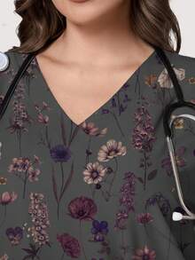 PopScrub Vintage Floral Print Dark Grey Plus Size Scrub Top, Fashionable V-Neck Short Sleeve With Pockets & Ear Loop Design, Spring/Summer Nurse Scrub Top - Multicolor - View 3