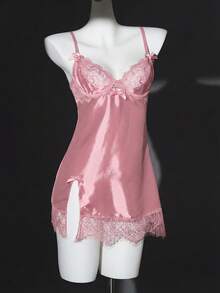 SHEIN Valentine's Day Satin Contrast Lace Backless Dress 2 Pieces Set - Pink - View 3