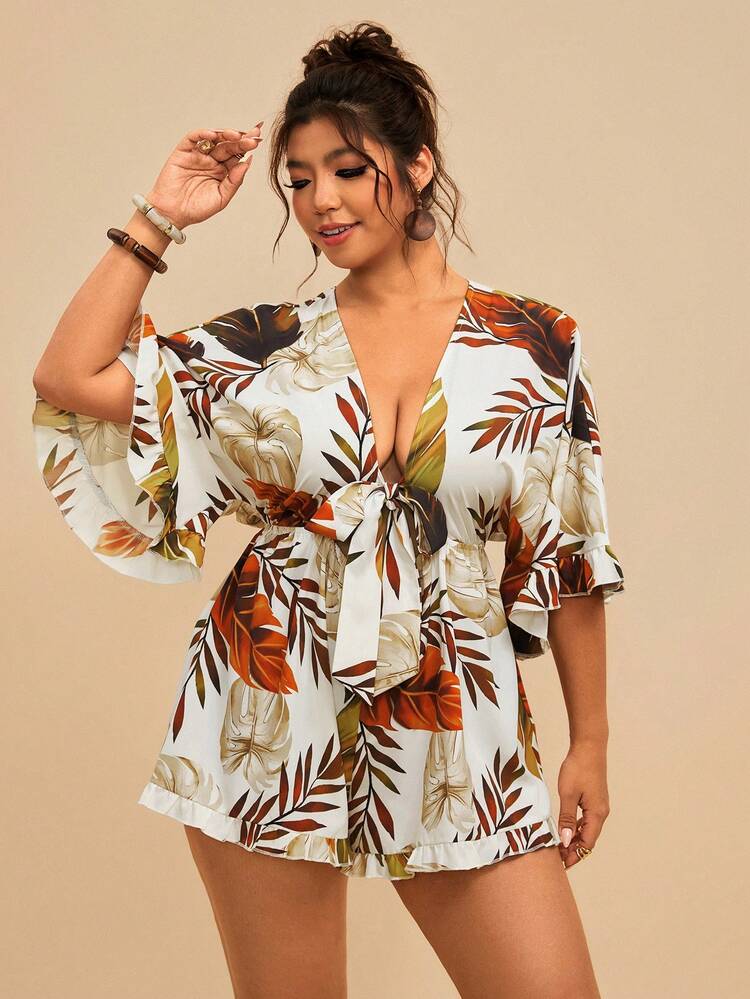 Travachic Mono de talla grande con mangas de murciélago, dobladillo con volantes y cintura con lazo, unicolor para vacaciones - Multicolor - Añade 4