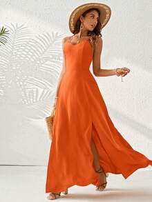 Vivid Eden Holiday Style Burnt Orange High Split Women's Maxi Dress Country Concert Holiday Vacation Outfit Summer Elegant Topical,Dresses For Women Summer - Burnt Orange - View 3
