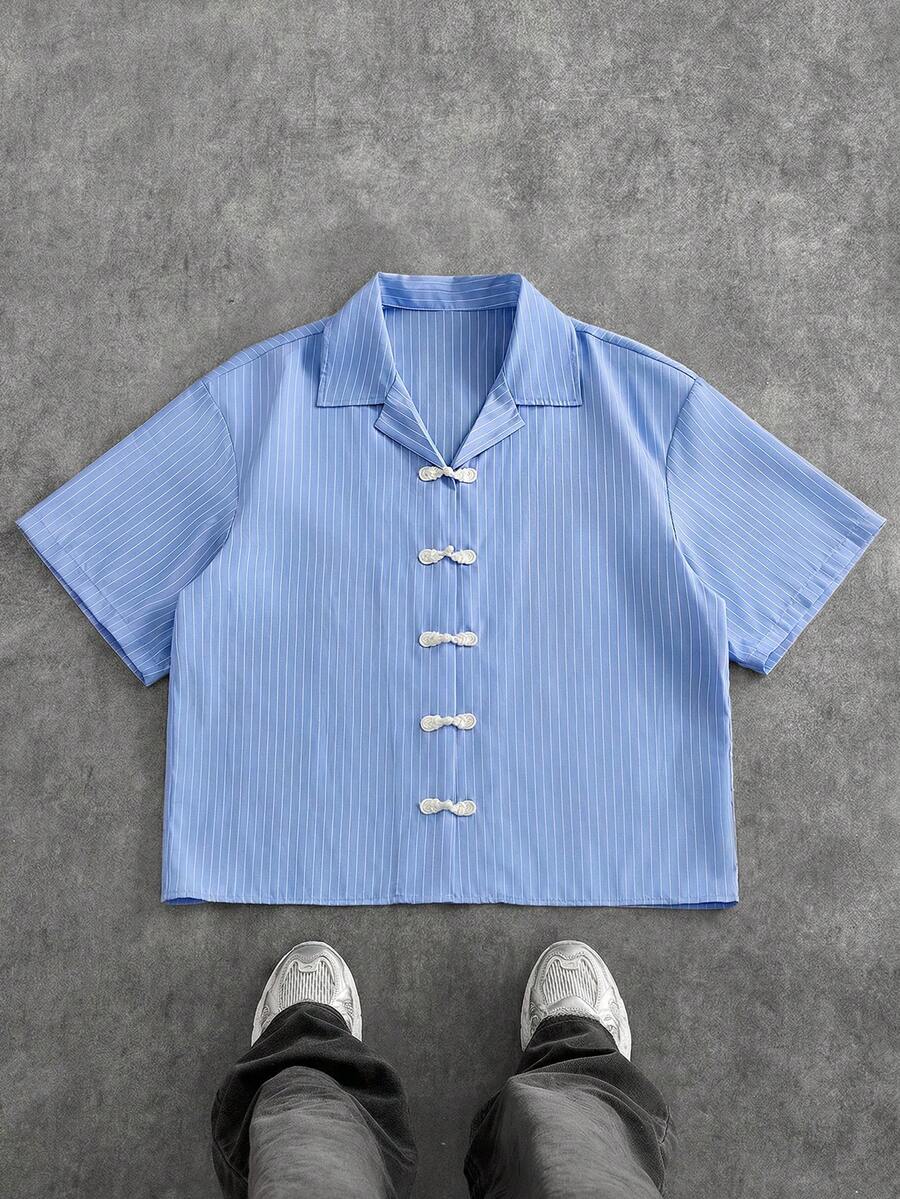 Manfinity Unisex Camisa de manga corta a rayas de moda para hombre, primavera/verano - Azul - Ver 1