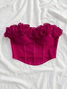 Soleia 浪漫性感无肩带荷叶边修身衬衫，适合度假、约会之夜、情人节、下午茶等场合 - 玫紅色 - 查看 7