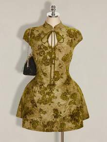 SHEIN ICON 大码女士优雅花卉植绒连衣裙，夏季 - 黑色 - 查看 1
