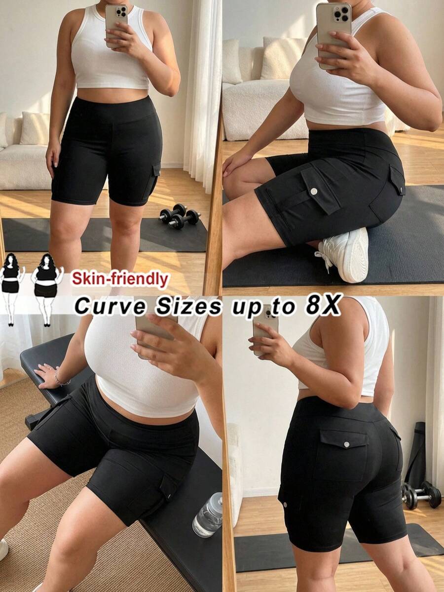 SHEIN CURVE+ 女士大口袋紧身裤，触感凉爽，高弹面料，中长款修身裤 - 黑色 - 查看 1