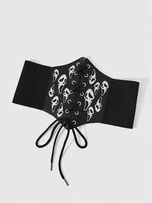 ROMWE Goth 1件裝女士黑色刺繡鏤空骷髏造型暗黑哥德風PU六角形彈性腰封腰帶，洋裝牛仔褲配件，日常百搭禮物首選 - 白色骷髏頭 - 查看 3
