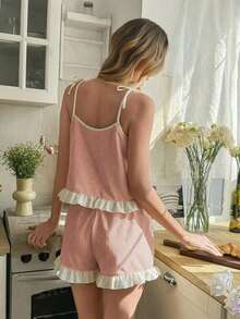 Snug Reverie Ruffle Strap Shorts Pajama Set Sleeping Dusty Pink Summer Cute - Coral Pink - View 2