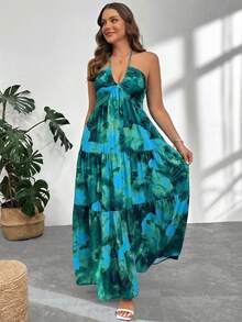 Firerie Plus Size Casual Vacation Floral Print Halter Neck Dress - Green - View 5