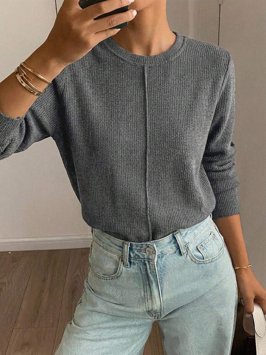 FRIFUL Women's Solid Khaki Round Neck Long Sleeve Loose Casual Versatile T-Shirt, Autumn - Dark Grey - View 1
