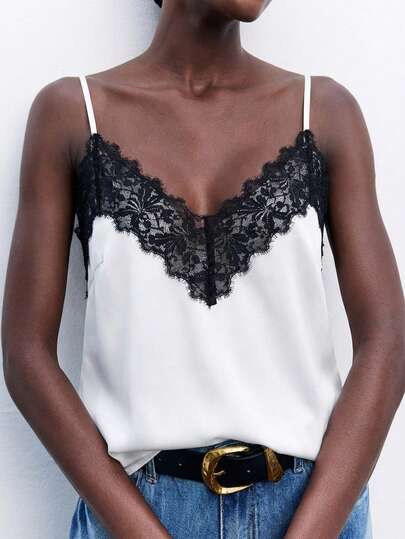 Maija 2026Women's White Contrast Lace Top, Elegant Romantic Chic Comfortable Loose Adjustable Spaghetti Strap Summer Vacation Business Casual Top St Patrick's Day Women Easter Summer Easter Women Party Top