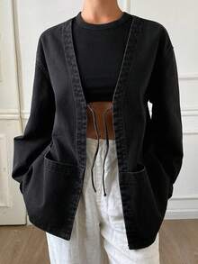 Áo khoác denim nữ màu đen bằng cotton, dáng rộng, buộc dây, thích hợp cho mùa xuân/thu. - màu đen - Xem 4