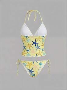 SHEIN MOD Slimming Refreshing Starfish Print Ripple Ruffle Women Swimwear Set Summer Beach Outfit Vacation Bikini Bathing Suits - Light Yellow - View 2