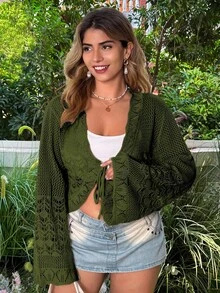 Flirla 大码纯色时尚系带蝴蝶结贝壳边短款披肩钩编网眼沙滩喇叭袖开衫 - 軍綠色 - 查看 4