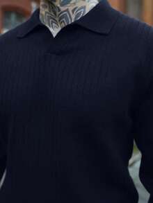 Artur Kramer ALTZTAR 男士宽松修身长袖条纹针织 Polo 衫，简约时尚，适合春秋季日常通勤穿着。 - 藏蓝色 - 查看 3