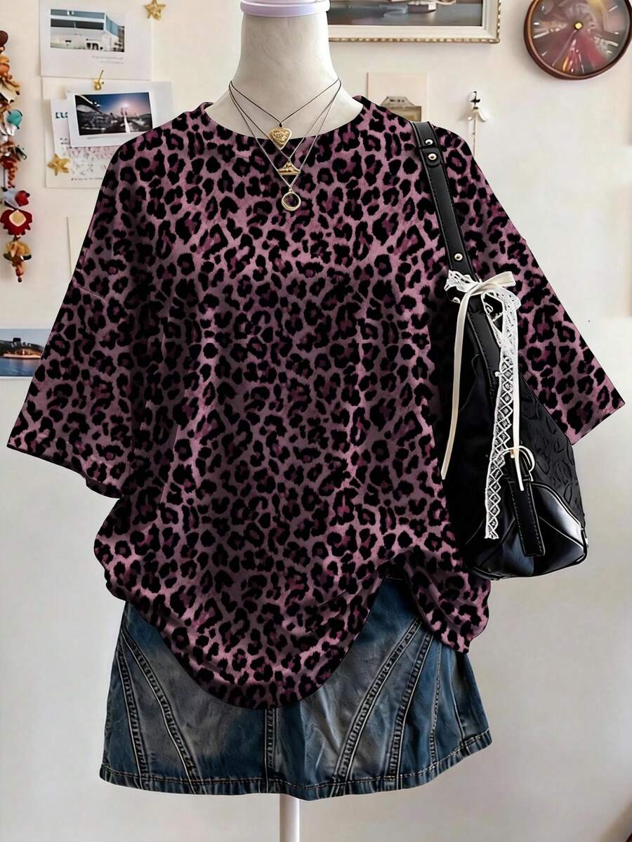 Lalippa Leopard Print Digital Pattern Casual Oversized Mid-Length Round Neck Drop Shoulder Women T-Shirt, Gift For Friends