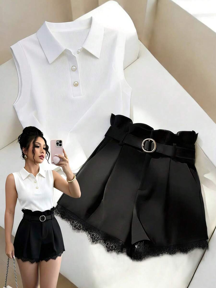 Franclia Conjunto de 2 piezas de top blanco ajustado de verano + shorts con ribete de encaje negro para mujer - Blanco y Negro - Ver 1