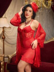 2pcs Set: 3D Floral Lace Robe + Fishbone Waist Design Lace Camisole Nightgown Red Lace Lingerie Lingerie Robe Set Red Lingerie Set Two Piece Lace Lingerie - Red - View 4