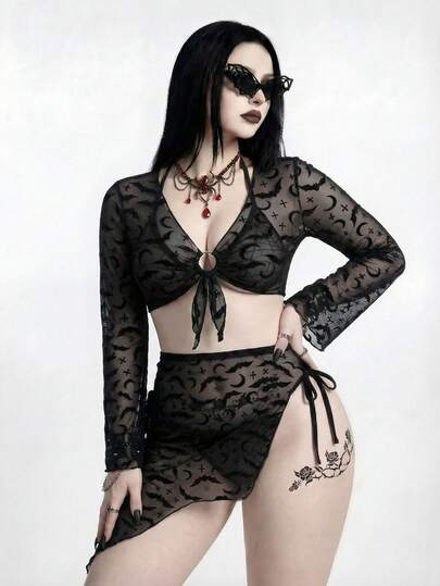 ROMWE Goth 大码女式蝙蝠印花网纱透视罩衫长袖上衣和半裙套装