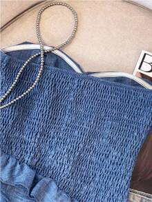 GlowEve CURVE Plus Size Solid Color Denim Effect Tube Top & Shorts 2-Piece Set - Blue - View 4
