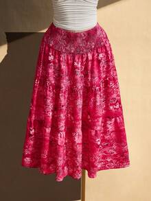 SHEIN ICON Chân váy cỡ lớn có dây rút eo, họa tiết Paisley, thích hợp cho kỳ nghỉ hè, đi nghỉ mát. - Màu Hồng Tươi - Xem 3