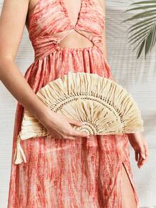 SHECARRY 女士手拿包，草编包，流苏，时尚，优雅，简约，个性化，适合海滩、度假、假日、夏季、海边 - 米白色 - 查看 1