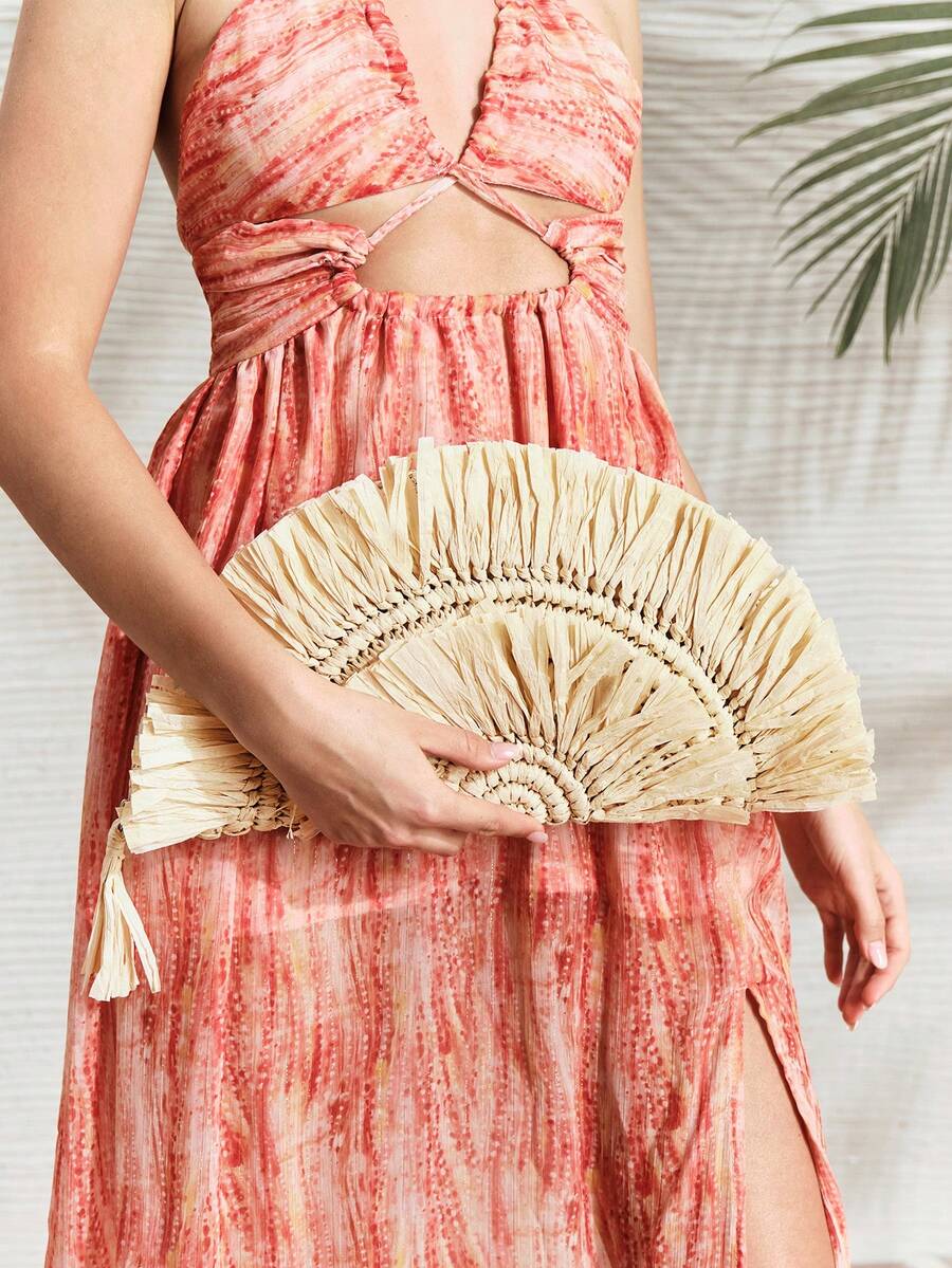 SHECARRY 女士手拿包，草编包，流苏，时尚，优雅，简约，个性化，适合海滩、度假、假日、夏季、海边 - 米白色 - 查看 1