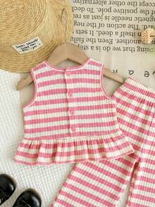 SHEIN LMoss Kids 女婴条纹圆领上衣和宽松休闲裤两件套 - 彩色 - 查看 4